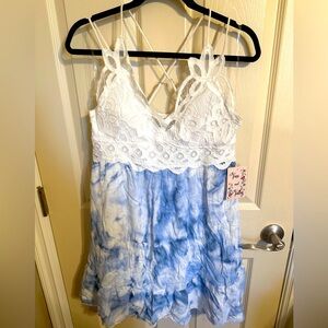 Vine & Valley Lace & Tie Dye Strappy Mini Dress, White & Blue, Sz XL, NWT